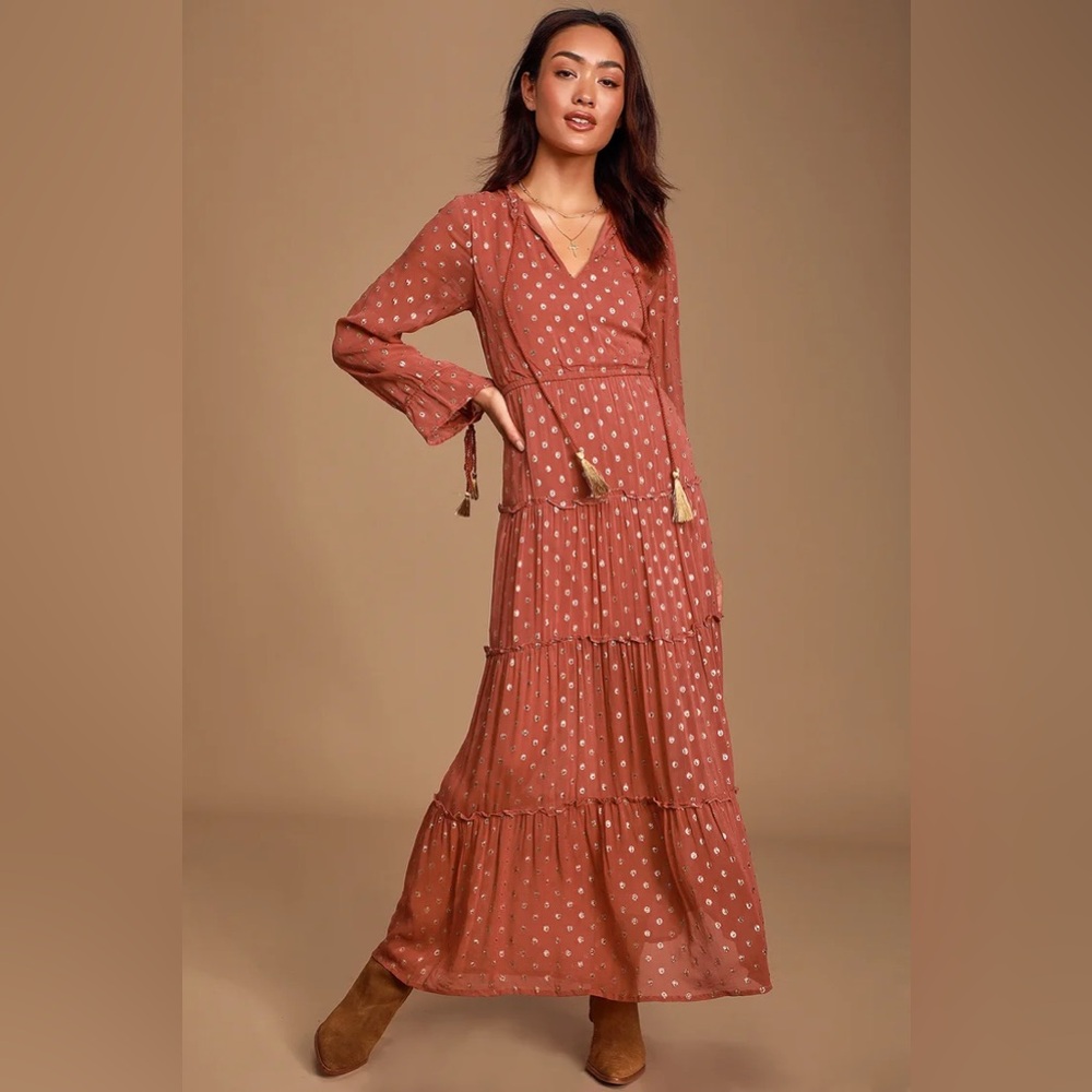 RAGA Elle Rusty Rose Polka Dot Tiered Long Sleeve Maxi Dress size L